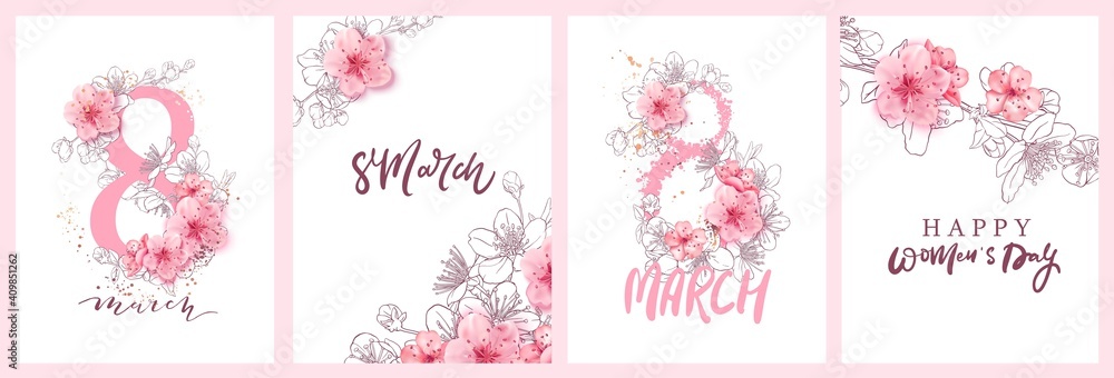 8 march illustration. Women's Day greeting card design with cherry blossoms. Branch of sakura with petals. - obrazy, fototapety, plakaty 