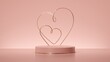 3d render, abstract pastel pink background. Valentines Day festive concept. Modern minimal showcase scene with two golden hearts and podium for product presentation