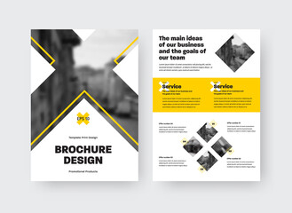 Canvas Print - brochure template with vector illustration, yellow inserts, cross, place for photo, presentation of 