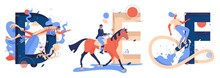 Vector Collection With Capital Letters D For Diving, D For Equestrian And F For Flyboarding Sport. Women Riding Horse, Swims Underwater, Flies Under The Sea Drawn In Blue And Orange