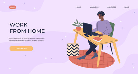 Young man working from home office with computer, sitting at desk in workplace, online video conference. Freelance worker on quarantine, ui and ux testing. Online studying. Flat cartoon illustration