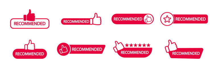 Set of Recommend icon. Banner recommended with thumb up. Red label. Best brend. Emblem. Vector illustration. Eps 10