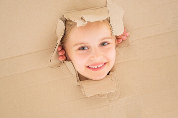 Wall Mural - Cheerful little girl gazing from hole in cardboard box.