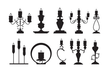 Wall Mural - Candlestick silhouettes. Black shapes of candelabrum with burning flame vector candle holders set. Candlestick and candle holder illustration