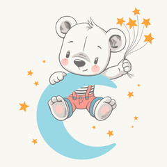 Wall Mural - Vector illustration of a cute baby bear on the blue moon with a bunch of stars.