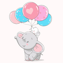 Vector Illustration Of Mom And Baby Elephant With Bunch Of Pink And Blue Balloons.