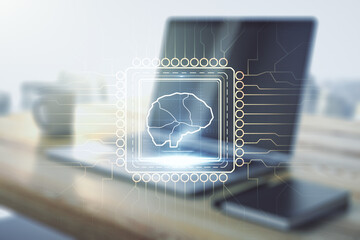 creative artificial intelligence concept with human brain hologram and modern desktop with computer 