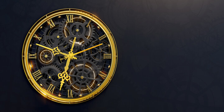 Wall Mural -  - Golden black old clock close up at front view on dark background with cog wheel pattern. Design of my own. 3D illustration.