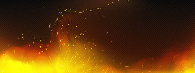 Realistic fire with smoke and weld sparks, flame isolated on transparent background. Burning campfire, blaze effect, glow orange and yellow shining flare with steam, 3d vector illustration, mock up