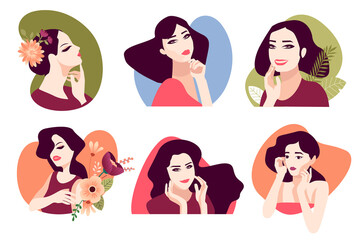 Wall Mural - set of woman illustrations for beauty, cosmetics, makeup, healthcare, fashion. flat design vectors f