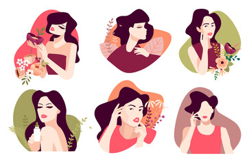 Wall Mural - Set of woman illustrations for beauty, cosmetics, makeup, healthcare, fashion. Flat design vectors for graphic and web design, marketing material, product presentation, social media, textile design.