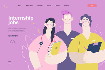 Medical insurance -internship jobs -modern flat vector concept digital illustration - young medical specialists standing together, team of interns concept, medical office or laboratory