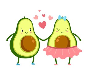 Sticker - Cute avocado in love. Green fruits couple, cute vegetarian romantic food. Cartoon valentines day characters with hearts exact vector card. Illustration love avocado vegetable, character health vegan