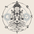 Banner with a meditating Buddha seated in the lotus position. Decorative vector illustration of hand-drawn Buddha, Moon and Sun inside a circle with buddhist signs. Awakened and Enlightened