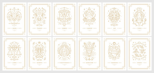 zodiac astrology horoscope cards linear design vector illustrations set