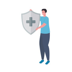 Wall Mural - man lifting shield with medical cross immune system vector illustration design