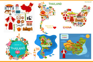 Map of Thailand and China with traditional symbols and architecture. Travel to China and Thailand.