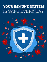 Shield Of Strong Immune System Who Protection Human Body From Attack Coronaviruses And Bacteria. Medical Protection And Safety, Healthy Lifestyle. Vector Poster With Text