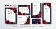 Floral Wedding Invite, Menu, Rsvp Card Editable Vector Design. Red Marsala Garden Rose Flowers, Burgundy Dahlias, Eucalyptus Leaves, Thistle, Bouquet, Golden Frame On Navy Blue Background. Elegant Set