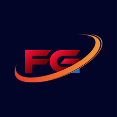 initial letter FG logotype company name colored red and orange swoosh design. isolated on dark background.