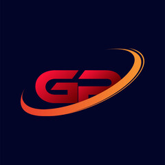 initial letter GP logotype company name colored red and orange swoosh design. isolated on dark background.