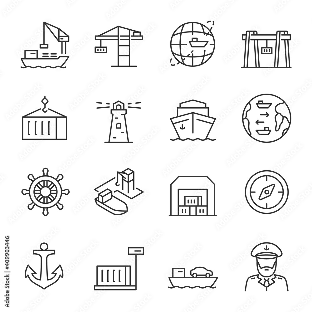 Seaport, icon set. Equipment for the shipping industry. Marine port and freight vessels. Logistic. Line with editable stroke - obrazy, fototapety, plakaty 