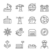 Seaport, Icon Set. Equipment For The Shipping Industry. Marine Port And Freight Vessels. Logistic. Line With Editable Stroke
