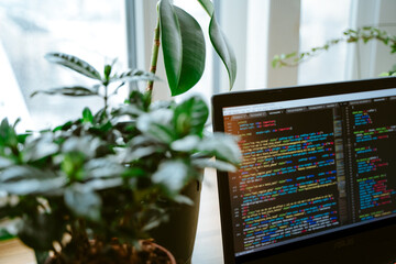 html code on the laptop screen standing on a wooden table with home green plants, cozy working offic
