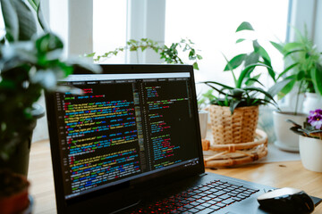 Wall Mural - html code on the laptop screen standing on a wooden table with home green plants, cozy working offic