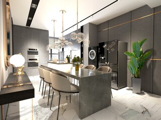 Poster - 3d render of home kitchen