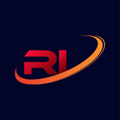 initial letter RI logotype company name colored red and orange swoosh design. isolated on dark background.