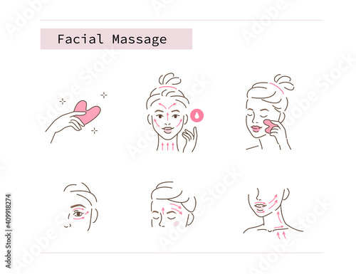 Beauty Girl Take Care of her Face and Use Facial Jade Stone for Gua Sha Massage. Woman Making Skincare Procedures. Skin Care Facial Massage and Relaxation Concept. Flat Vector Illustration and Icons. © Irina Strelnikova