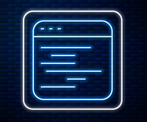 Wall Mural - glowing neon line software, web developer programming code icon isolated on brick wall background. j