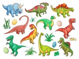 Fototapeta Dinusie - Dinosaur cartoon vector characters with cute baby dino animals and eggs. Funny triceratops, stegosaurus and raptor, brontosaurus, t-rex, spinosaurus and tyrannosaurus, brachiosaurus and dilophosaurus