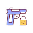 Gun rights RGB color icon. Secure firearms handling. Weapon for protection. Handgun regulation. Legislation for gun ownership. Gun control for small arms. Isolated vector illustration
