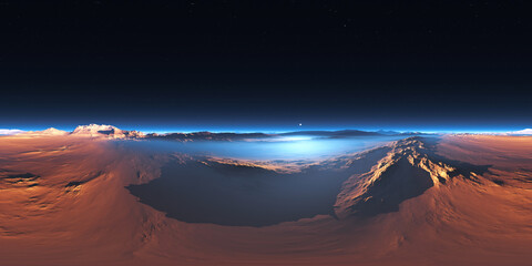 Wall Mural - 360 degree panorama of the cold desert on mars. martian landscape, environment hdri map. equirectang