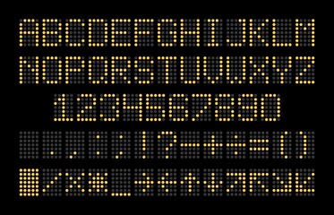 Led display font. Dot light english alphabet, electronic digital board yellow letters, numbers and signs isolated on black, sport stadium and airport calculation usage vector abc set