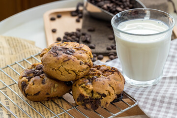 Oatmeal cookies on table. Chocolate chip cookies. Healthy food and drink and natural diet food. Cookie Almond and Cashew nuts.