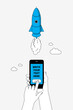 Hand pressing button on smart phone with place for your text. Internet of things concept. Modern linear illustration.
