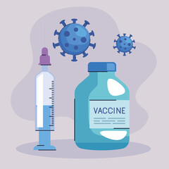 Sticker - covid19 vaccine vial and syringe with virus particles vector illustration design