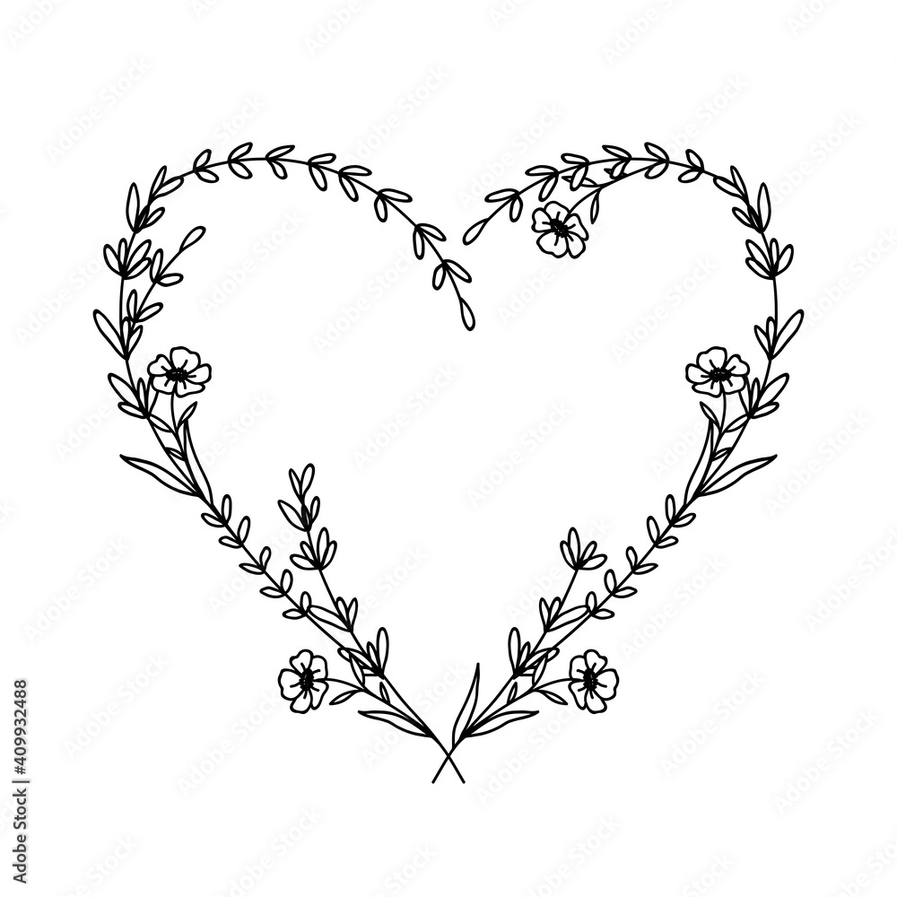 Hand drawn floral heart frame wreath on white background Stock Vector ...