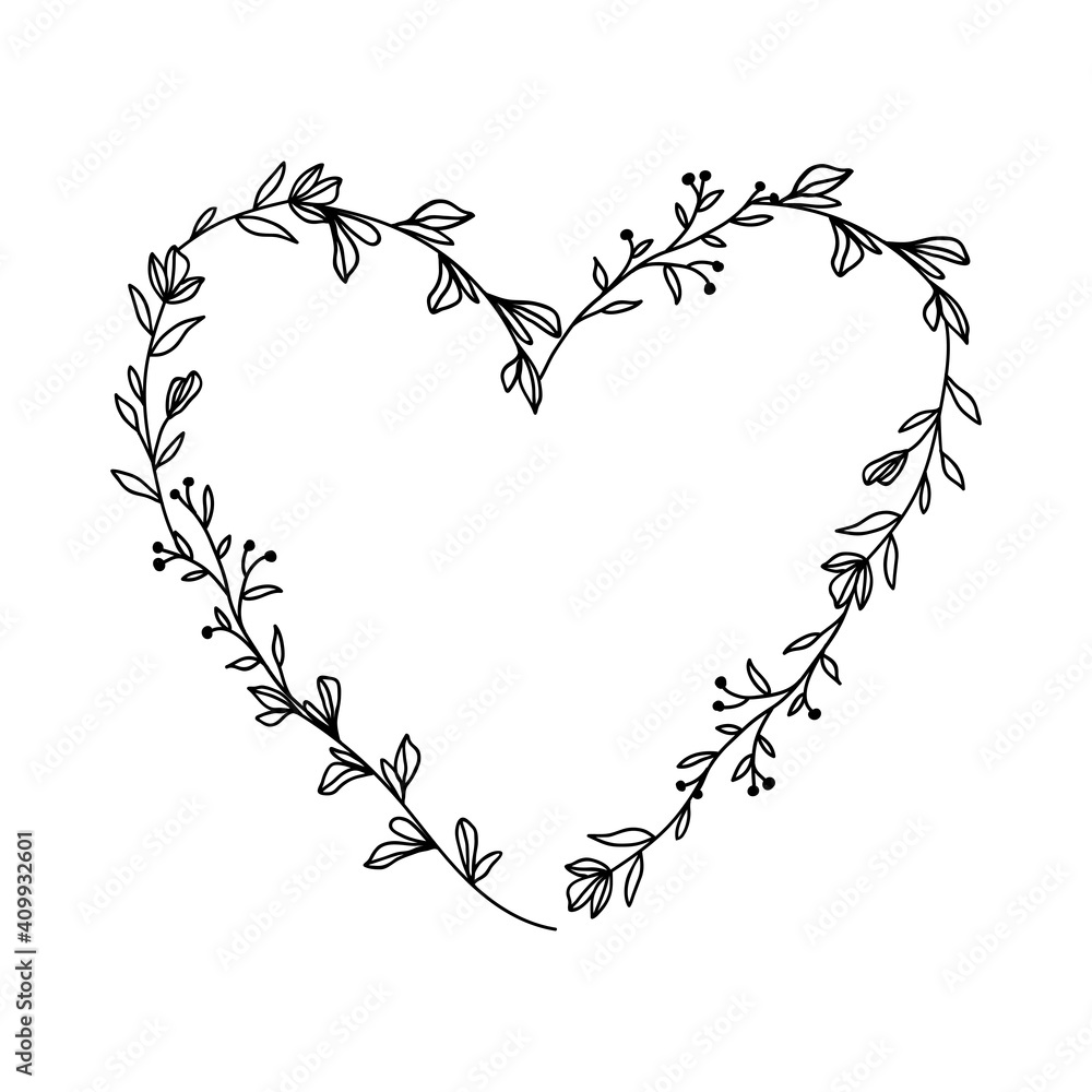 Hand drawn floral heart frame wreath on white background Stock Vector ...
