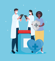 Wall Mural - medical staff group of three workers with immune system shield and bottle drugs vector illustration design