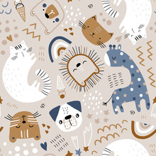 Seamless Childish Pattern With Cute Animals. Creative Kids Hand Drawn Texture For Fabric, Wrapping, Textile, Wallpaper, Apparel. Vector Illustration