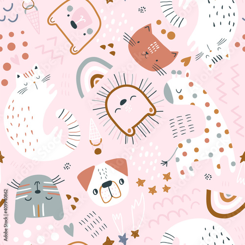 Obraz na płótnie Seamless childish pattern with cute animals. Creative kids hand drawn pink texture for fabric, wrapping, textile, wallpaper, apparel. Vector illustration
