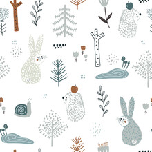 Seamless Childish Pattern With Cute Rabbits,hedgehog, Snail In The Wood. Creative Kids Forest Texture For Fabric, Wrapping, Textile, Wallpaper, Apparel. Vector Illustration