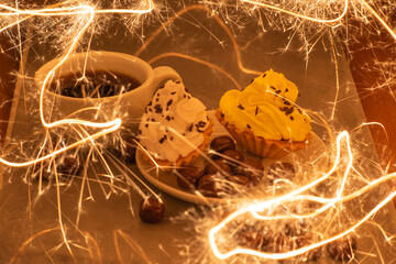 Wall Mural - cup of coffee with cakes and chocolate