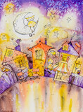 Fototapeta Boho - Cats town at night. Children illustration. Picture created with watercolors.