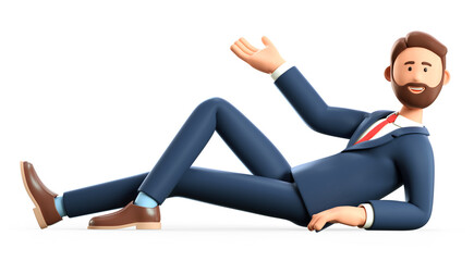 Wall Mural - 3D illustration of happy bearded man lying on the floor. Cute cartoon smiling businessman in full length pointing hand, isolated on white.