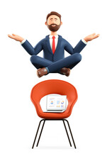 3D Illustration Of Meditating Man Flying Over Chair And Laptop. Cartoon Smiling Businessman With Closed Eyes In Yoga Lotus Position Tiring From Office Work, Isolated On White.